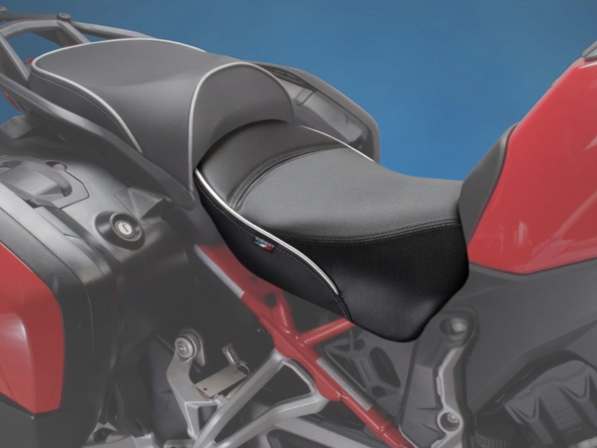 The Front Only Motorcycle Seat from Sargent for the Ducati Multistrada V4, with Performance Plus, available with red accents.